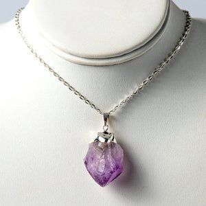 Fashion Purple Rough Amethyst Natural Crystal Point Necklace Pendant and Chain